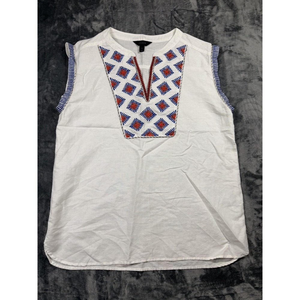 J.Crew Women 8 Linen Cotton Embroidered Bib Sleeveless Tunic Top White Red Blue